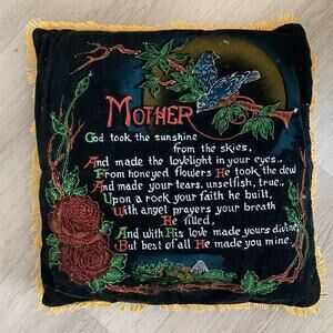 Mother Vintage Velvet Fringed Pillow Cotton Back Birds Roses Poem 1960s
